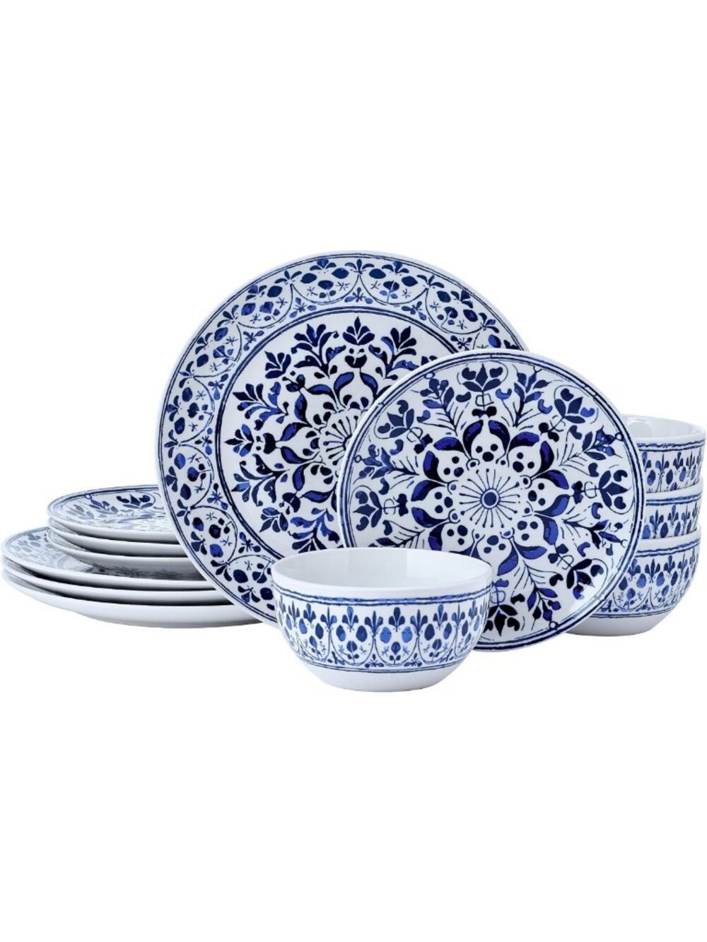 12-Piece Stoneware Dinnerware Set, Service for 4, Blue Medallion Design, Plates